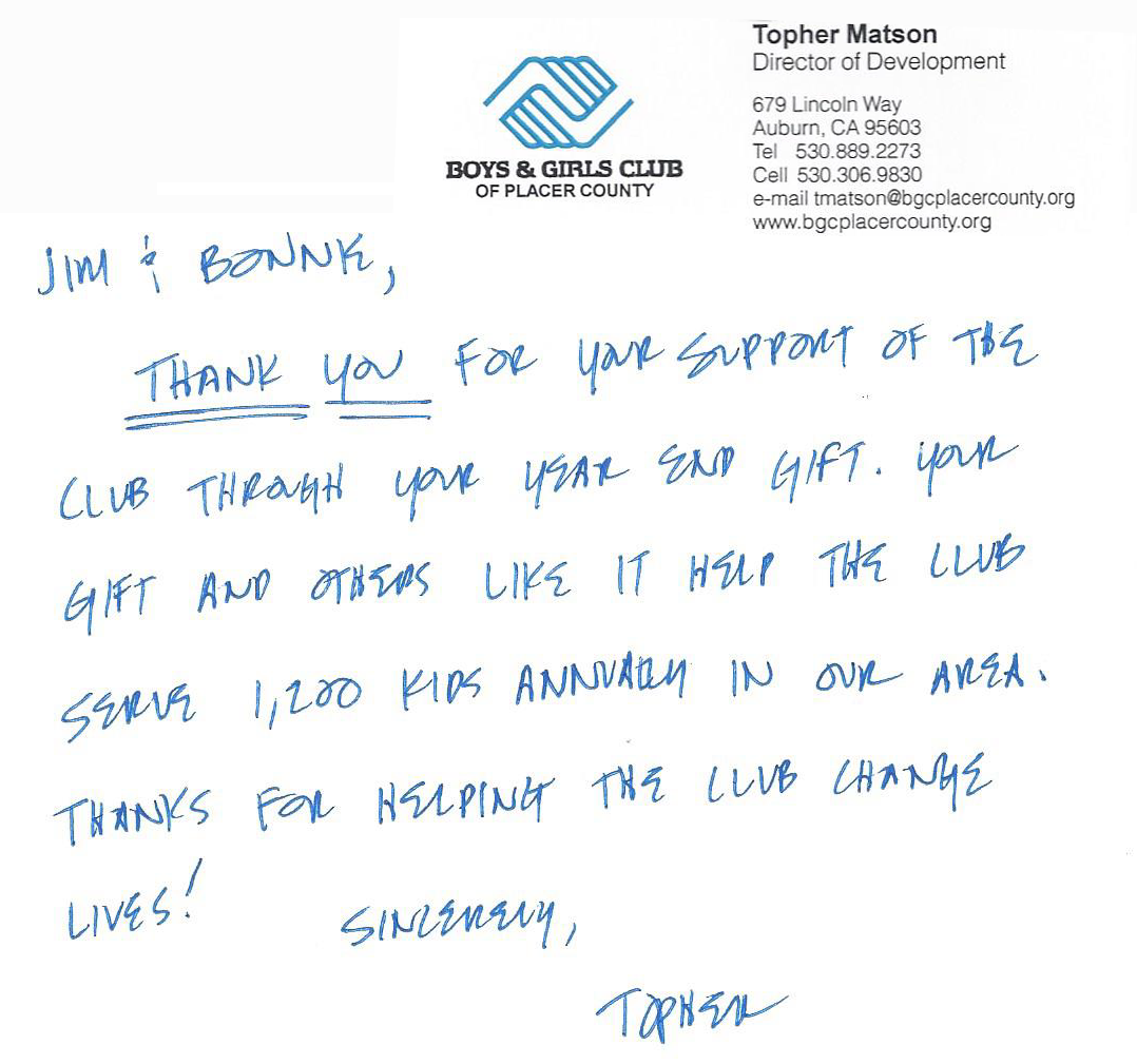 Thanks from The Boys and Girls Club of Placer County