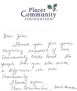 Thanks from Placer Community Foundation