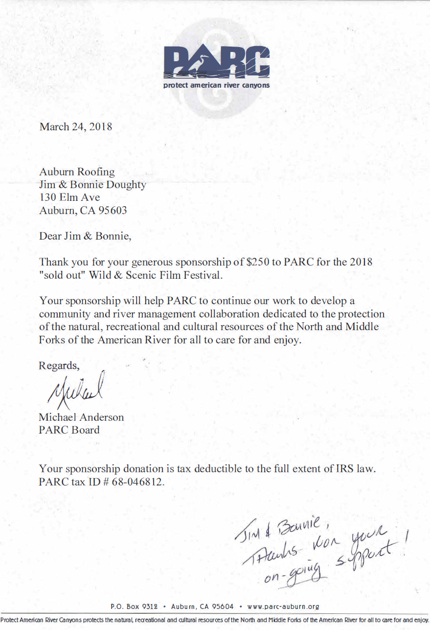 Letter from PARC Protect American River Canyons